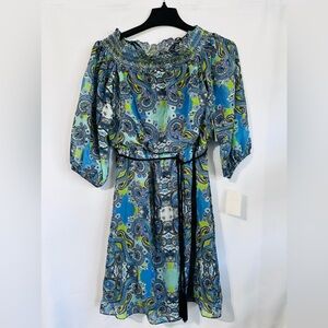 Eliza J Smocked Off-the-Shoulder Paisley Dress Sz 4 Knee Length